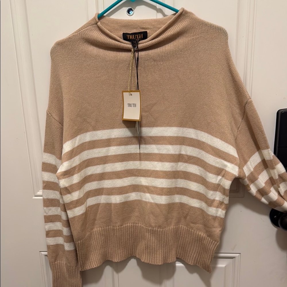 Truth Beige and White Striped Cowl Neck Sweater